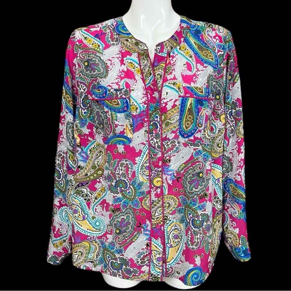 Elementz Pink Multi Color Bohemian Paisley Button Down Top/Blouse Size 1X